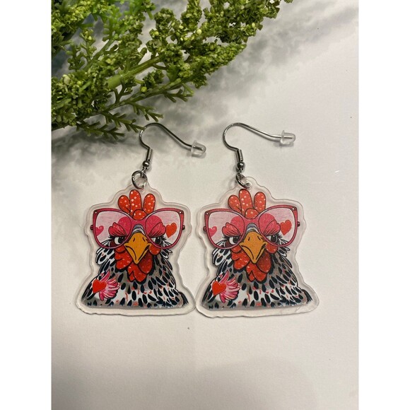 Jewelry - Earrings Chicken Rooster Wearing Glasses‎ Whimsical Bird Dangle Jewelry Cartoon